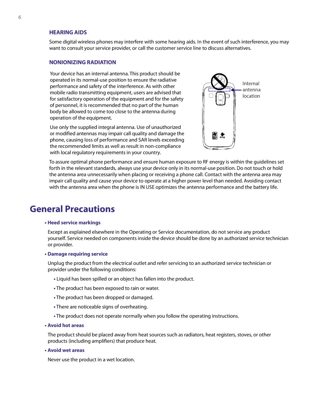 HTC NM8LIBR100 user manual General Precautions, Hearing Aids 