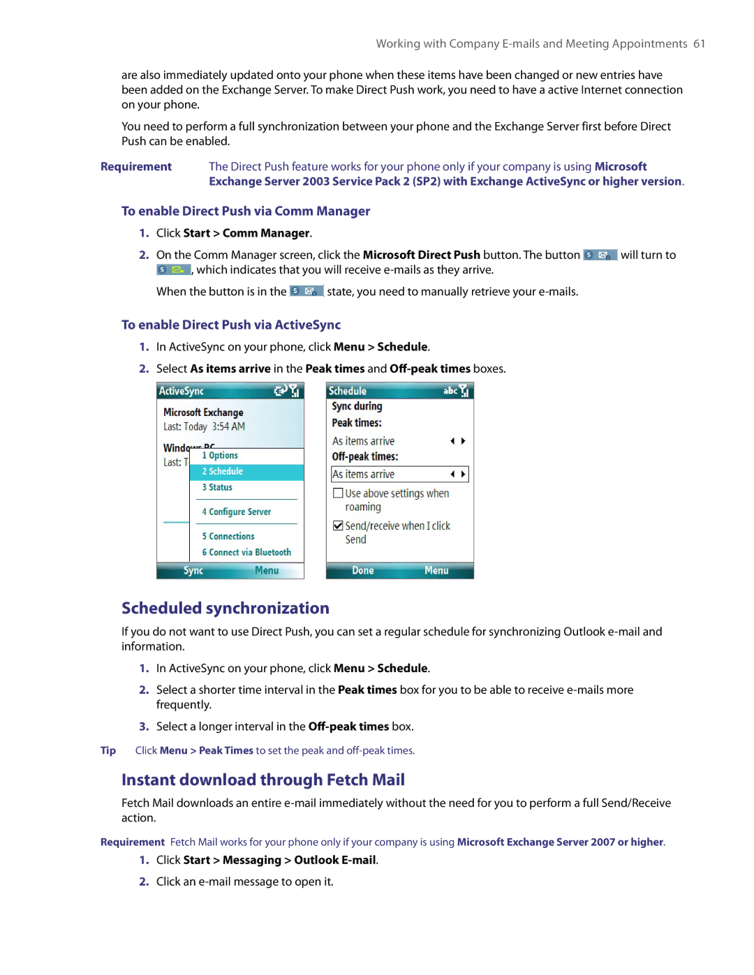 HTC NM8LIBR100 Scheduled synchronization, Instant download through Fetch Mail, To enable Direct Push via Comm Manager 