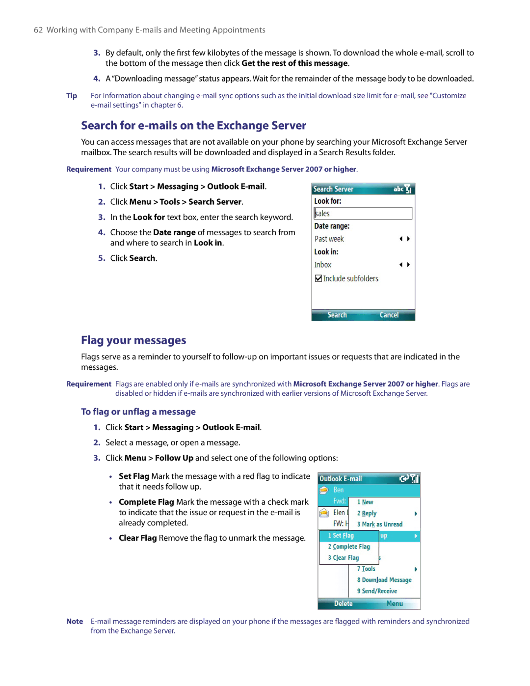 HTC NM8LIBR100 user manual Search for e-mails on the Exchange Server, Flag your messages, To flag or unflag a message 