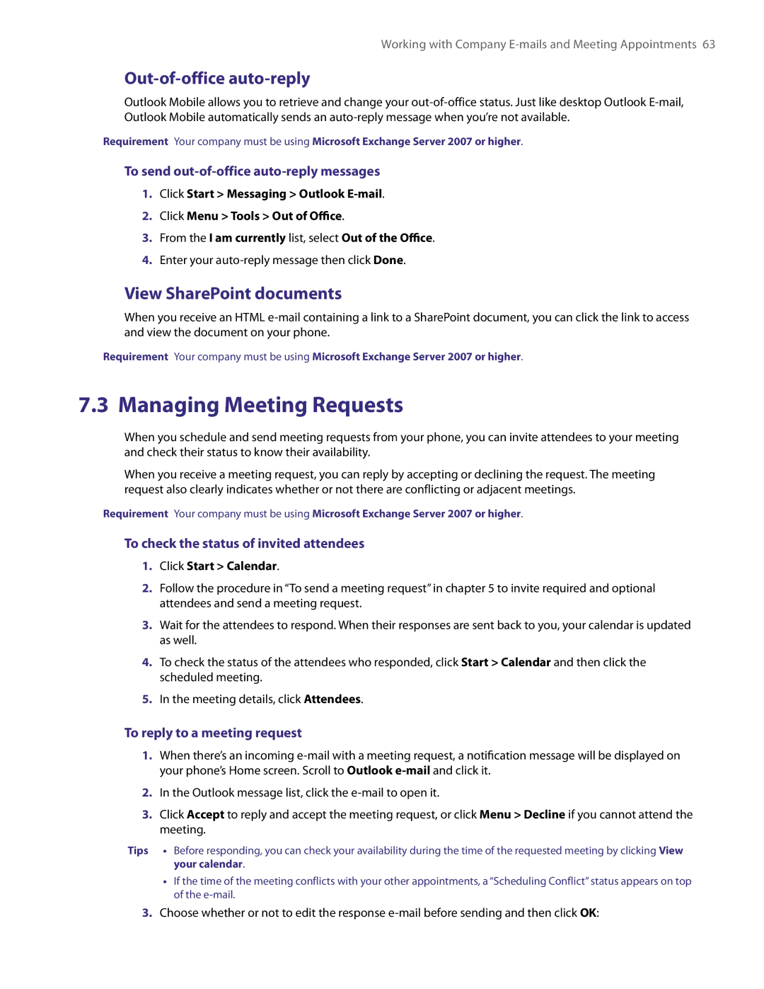 HTC NM8LIBR100 user manual Managing Meeting Requests, Out-of-office auto-reply, View SharePoint documents 