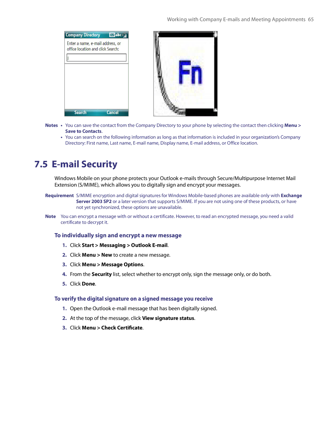 HTC NM8LIBR100 user manual Mail Security, To individually sign and encrypt a new message, Click Menu Message Options 