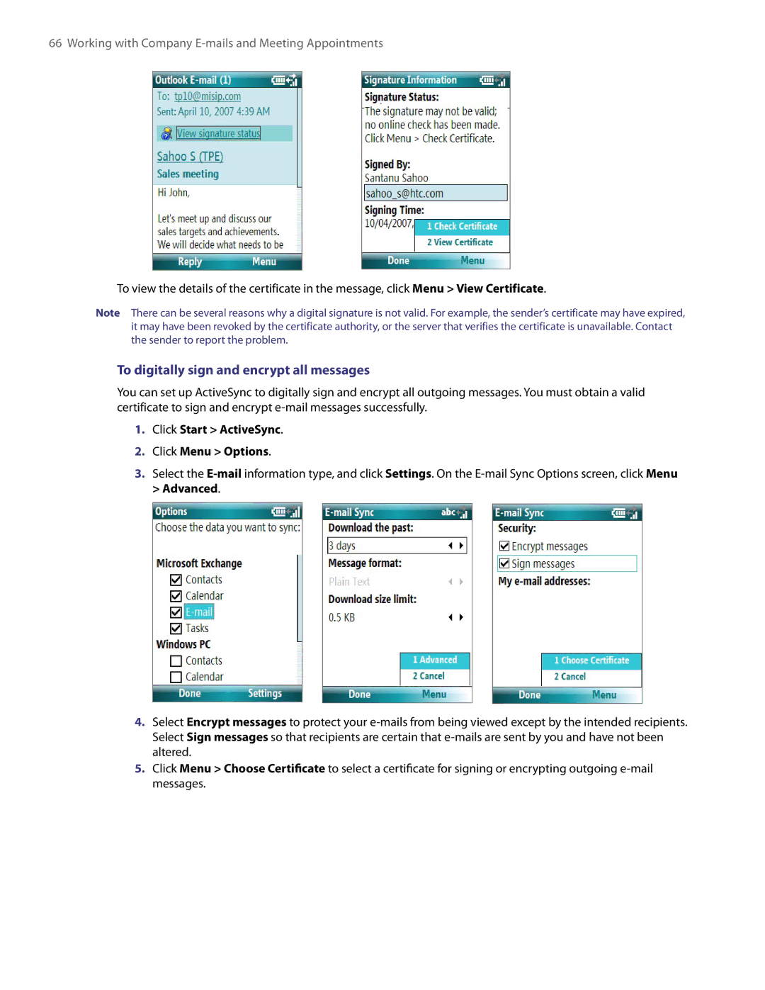 HTC NM8LIBR100 user manual To digitally sign and encrypt all messages, Click Start ActiveSync Click Menu Options 