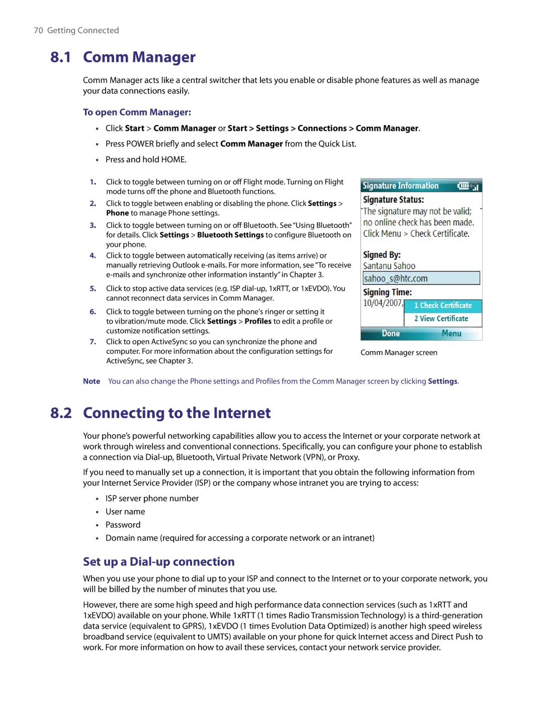 HTC NM8LIBR100 user manual Connecting to the Internet, Set up a Dial-up connection, To open Comm Manager 