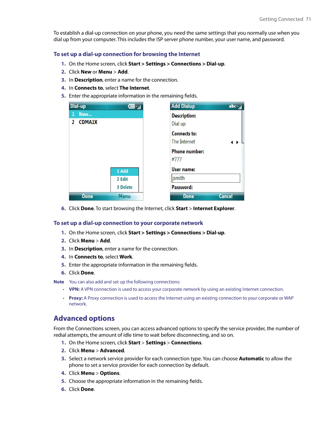 HTC NM8LIBR100 Advanced options, To set up a dial-up connection for browsing the Internet, Connects to, select Work 