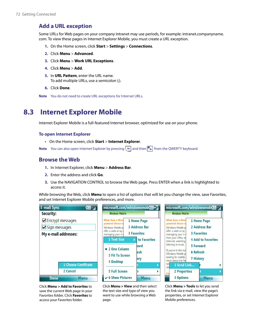 HTC NM8LIBR100 user manual Internet Explorer Mobile, Add a URL exception, Browse the Web, To open Internet Explorer 