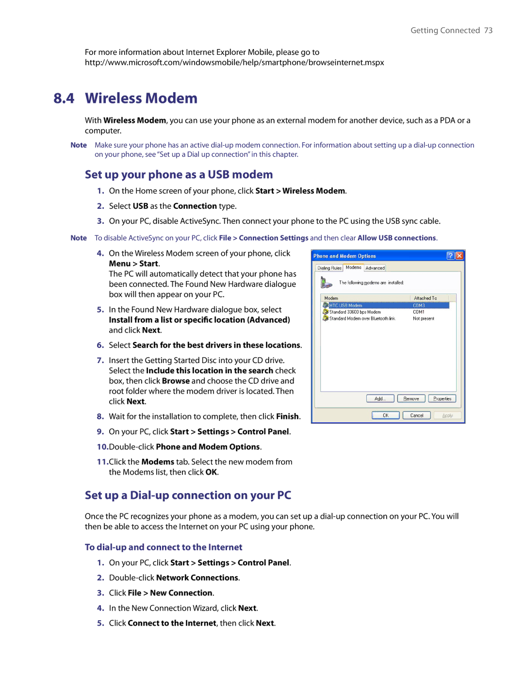 HTC NM8LIBR100 user manual Wireless Modem, Set up your phone as a USB modem, Set up a Dial-up connection on your PC 