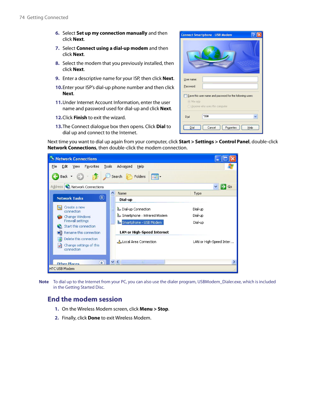 HTC NM8LIBR100 user manual End the modem session 