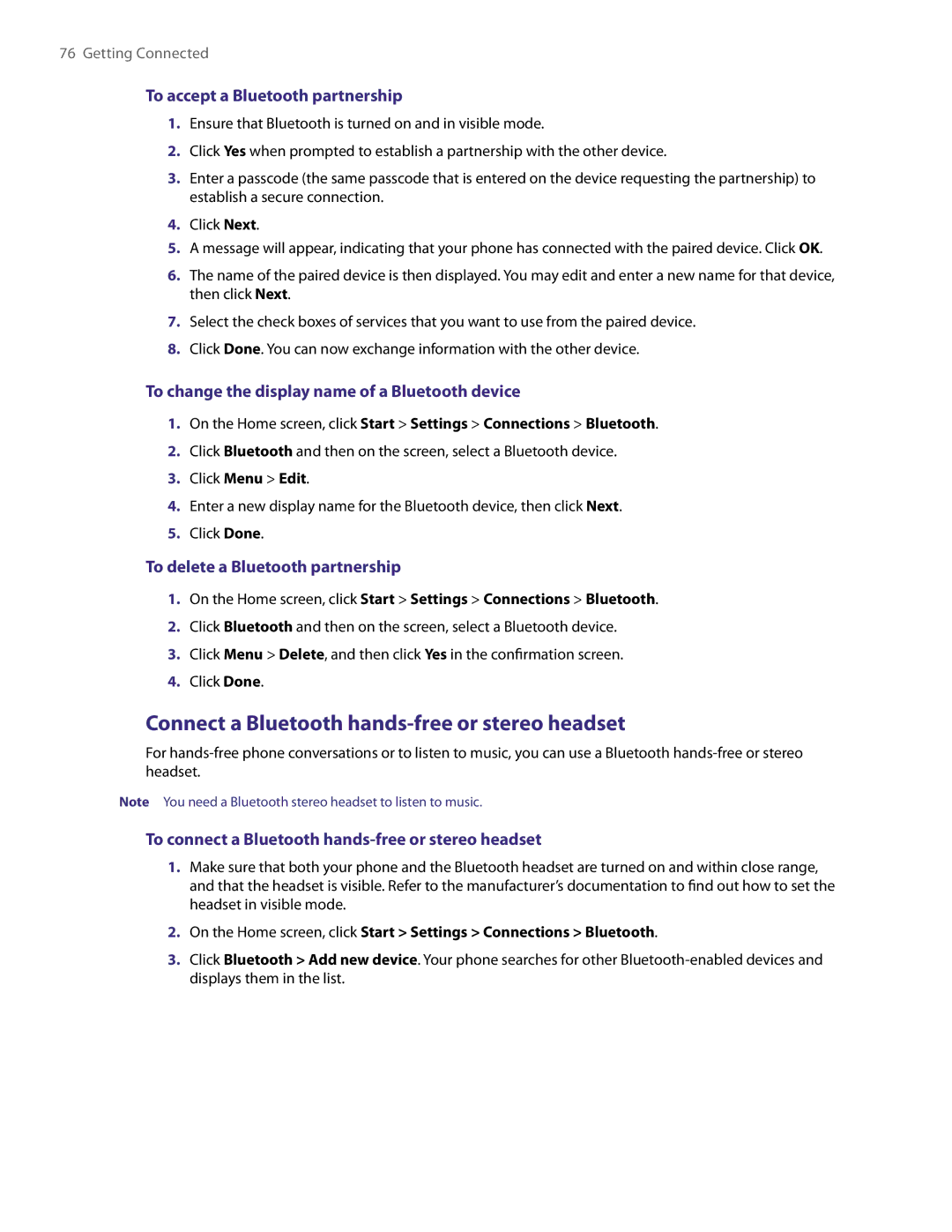 HTC NM8LIBR100 user manual Connect a Bluetooth hands-free or stereo headset, To accept a Bluetooth partnership 