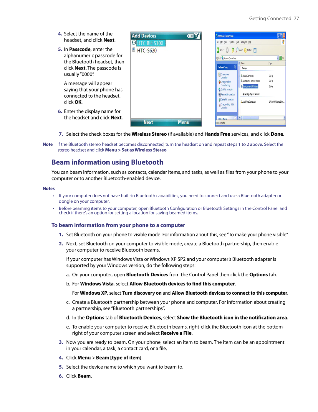 HTC NM8LIBR100 user manual Beam information using Bluetooth, To beam information from your phone to a computer 