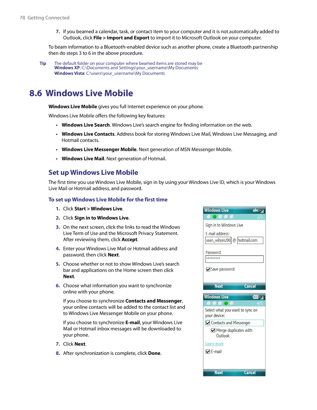 HTC NM8LIBR100 user manual Set up Windows Live Mobile, To set up Windows Live Mobile for the first time 