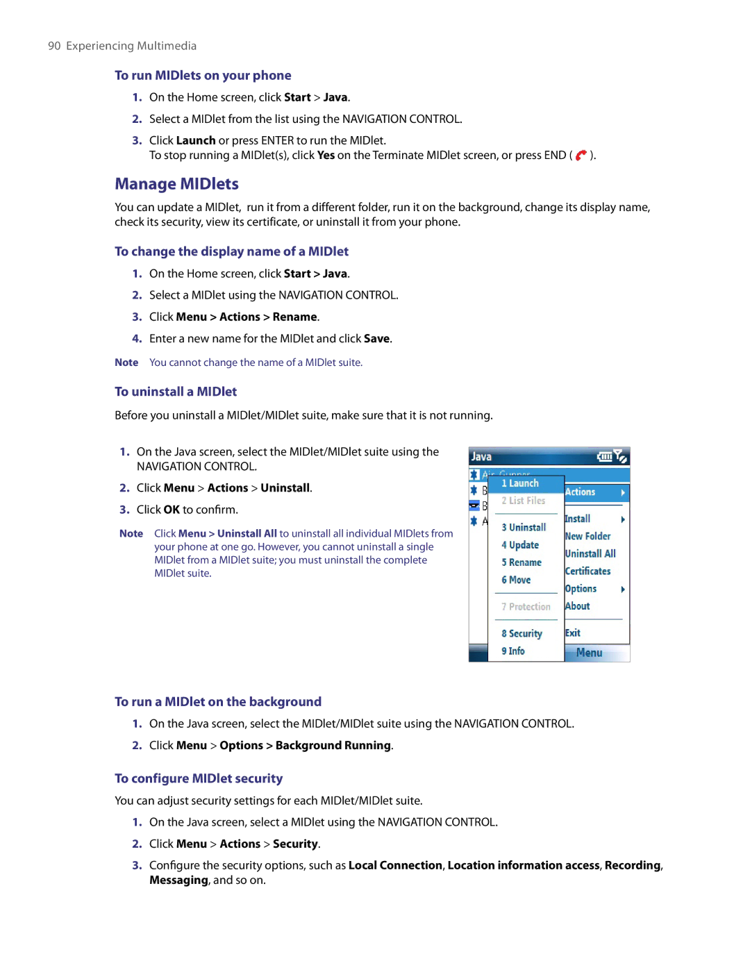 HTC NM8LIBR100 user manual Manage MIDlets 