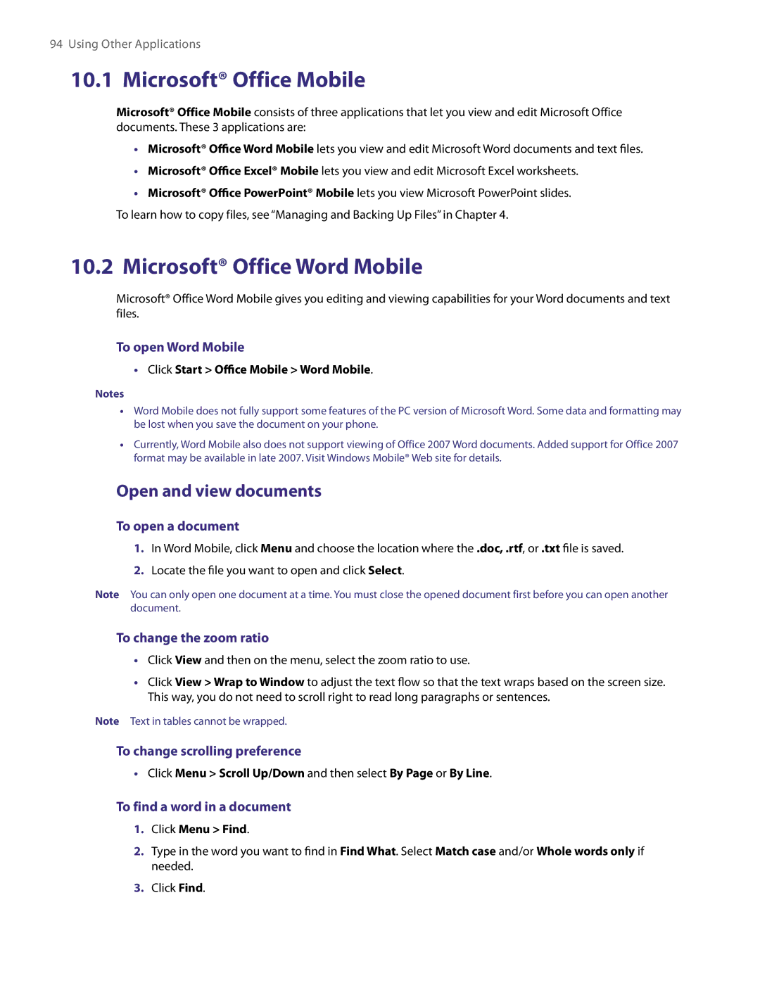 HTC NM8LIBR100 user manual Microsoft Office Mobile, Microsoft Office Word Mobile, Open and view documents 