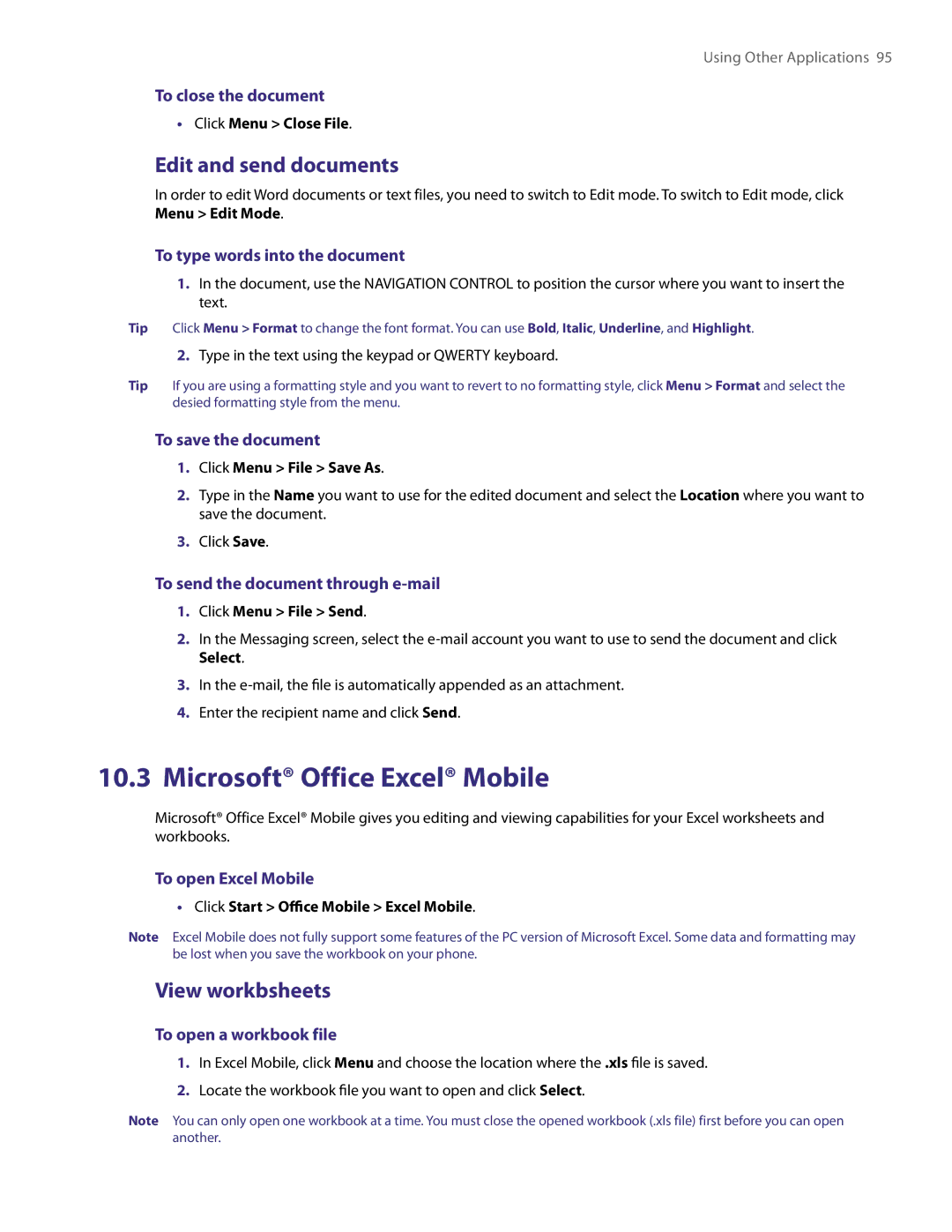 HTC NM8LIBR100 user manual Microsoft Office Excel Mobile, Edit and send documents, View workbsheets 