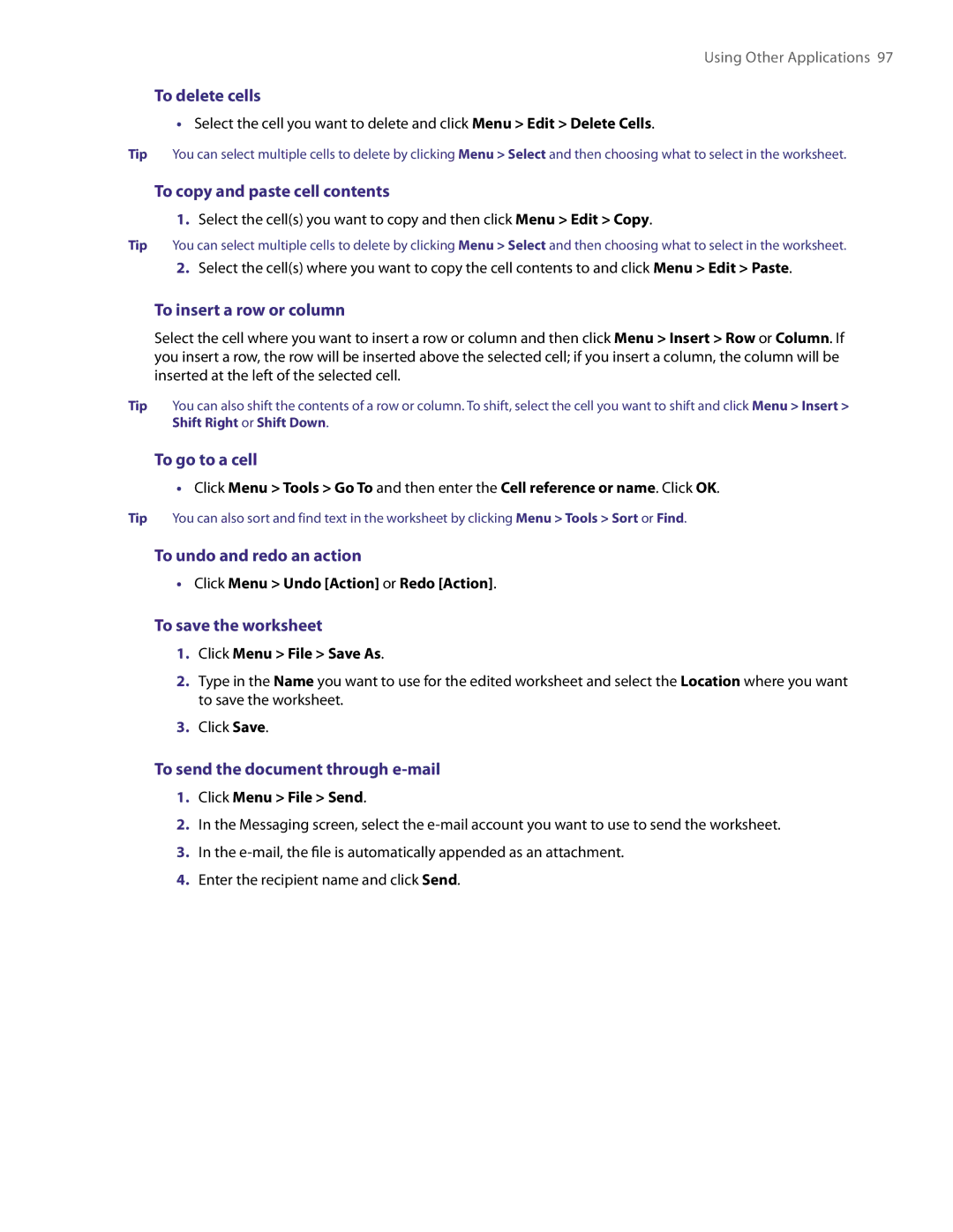 HTC NM8LIBR100 user manual To delete cells, To copy and paste cell contents, To insert a row or column, To go to a cell 