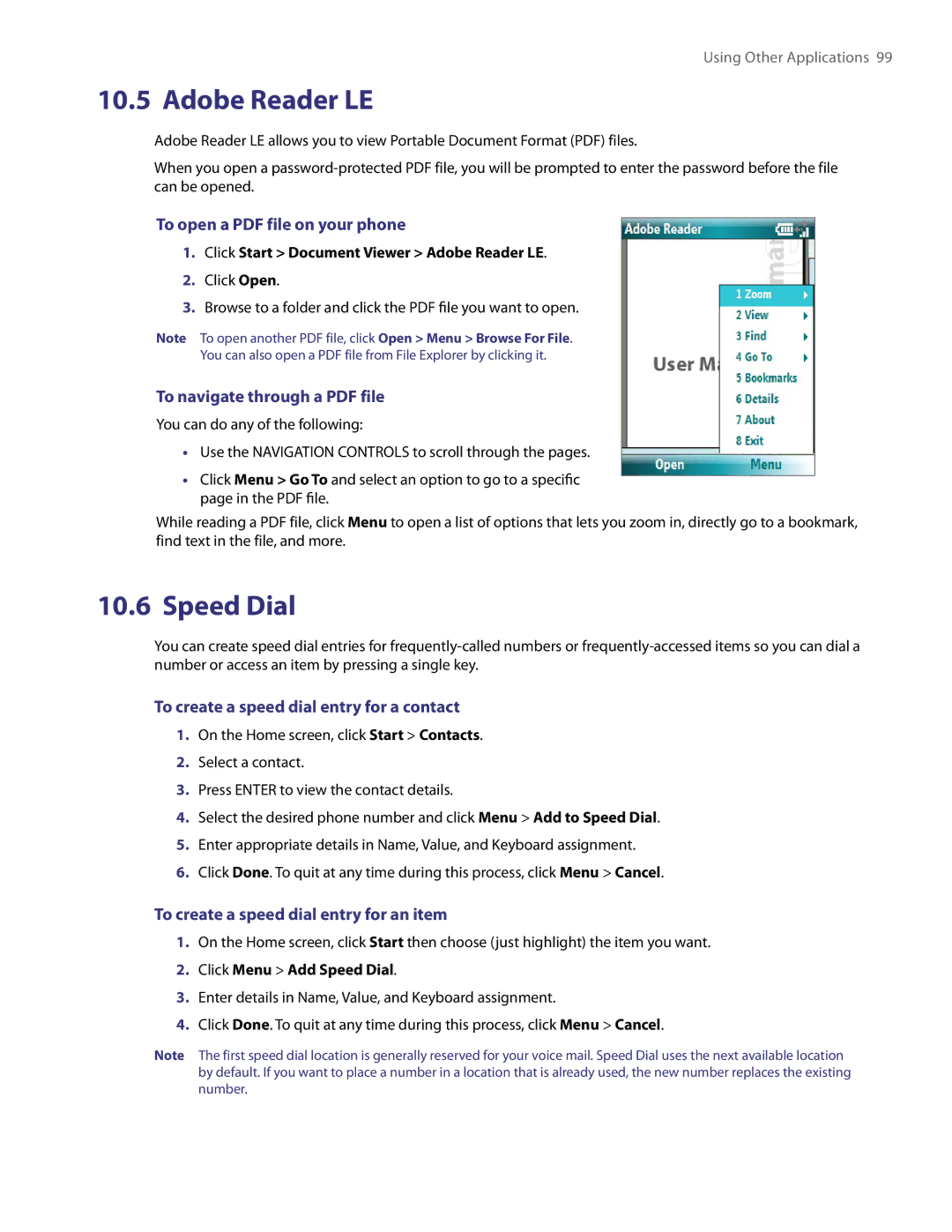 HTC NM8LIBR100 user manual Adobe Reader LE, Speed Dial, To create a speed dial entry for a contact 