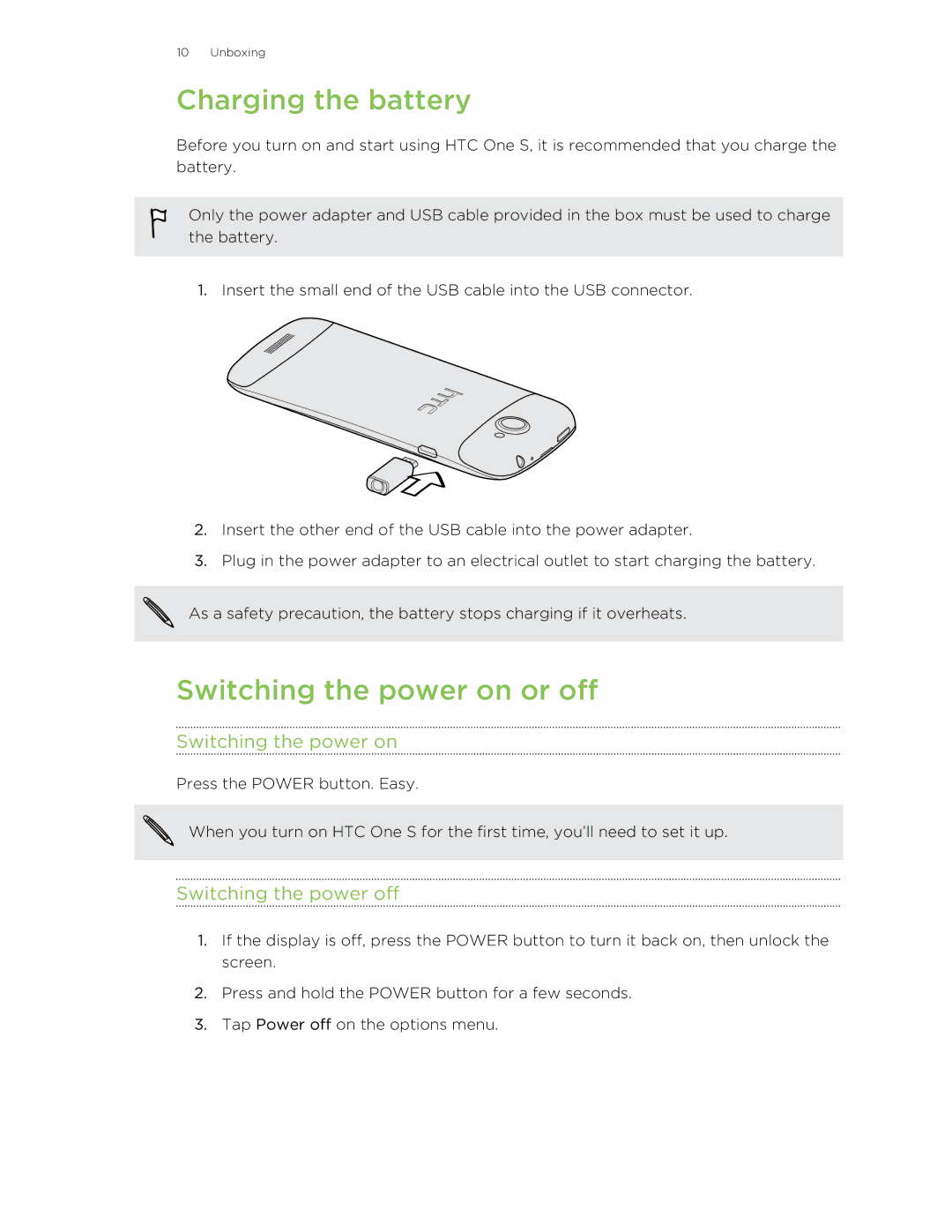 HTC ONESTMB manual Charging the battery, Switching the power on or off, Switching the power off 