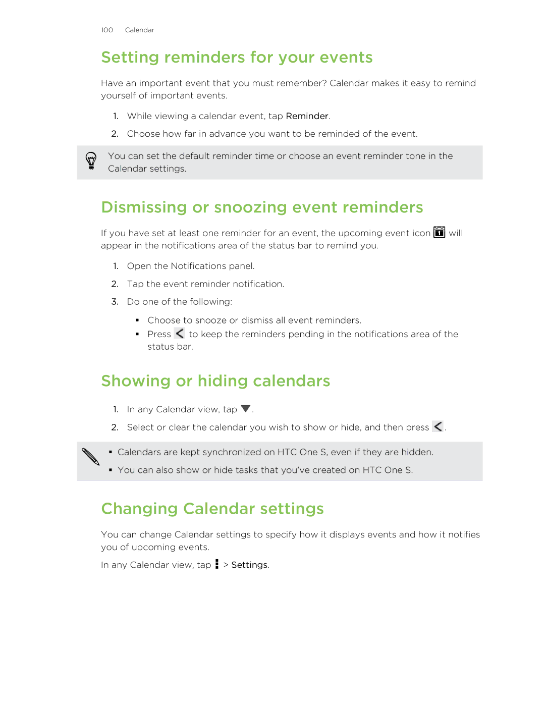 HTC ONESTMB manual Setting reminders for your events, Dismissing or snoozing event reminders, Showing or hiding calendars 