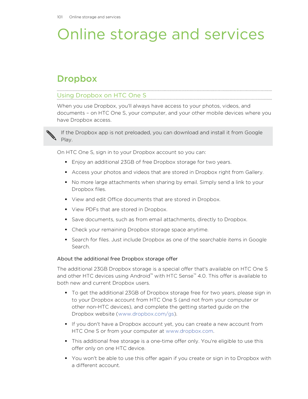 HTC ONESTMB manual Online storage and services, Using Dropbox on HTC One S 