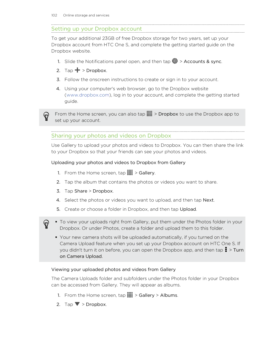 HTC ONESTMB manual Setting up your Dropbox account, Sharing your photos and videos on Dropbox 