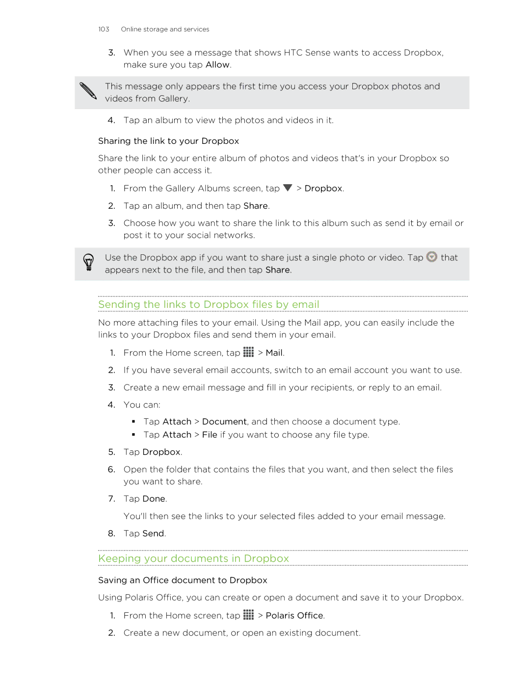 HTC ONESTMB manual Sending the links to Dropbox files by email, Keeping your documents in Dropbox 