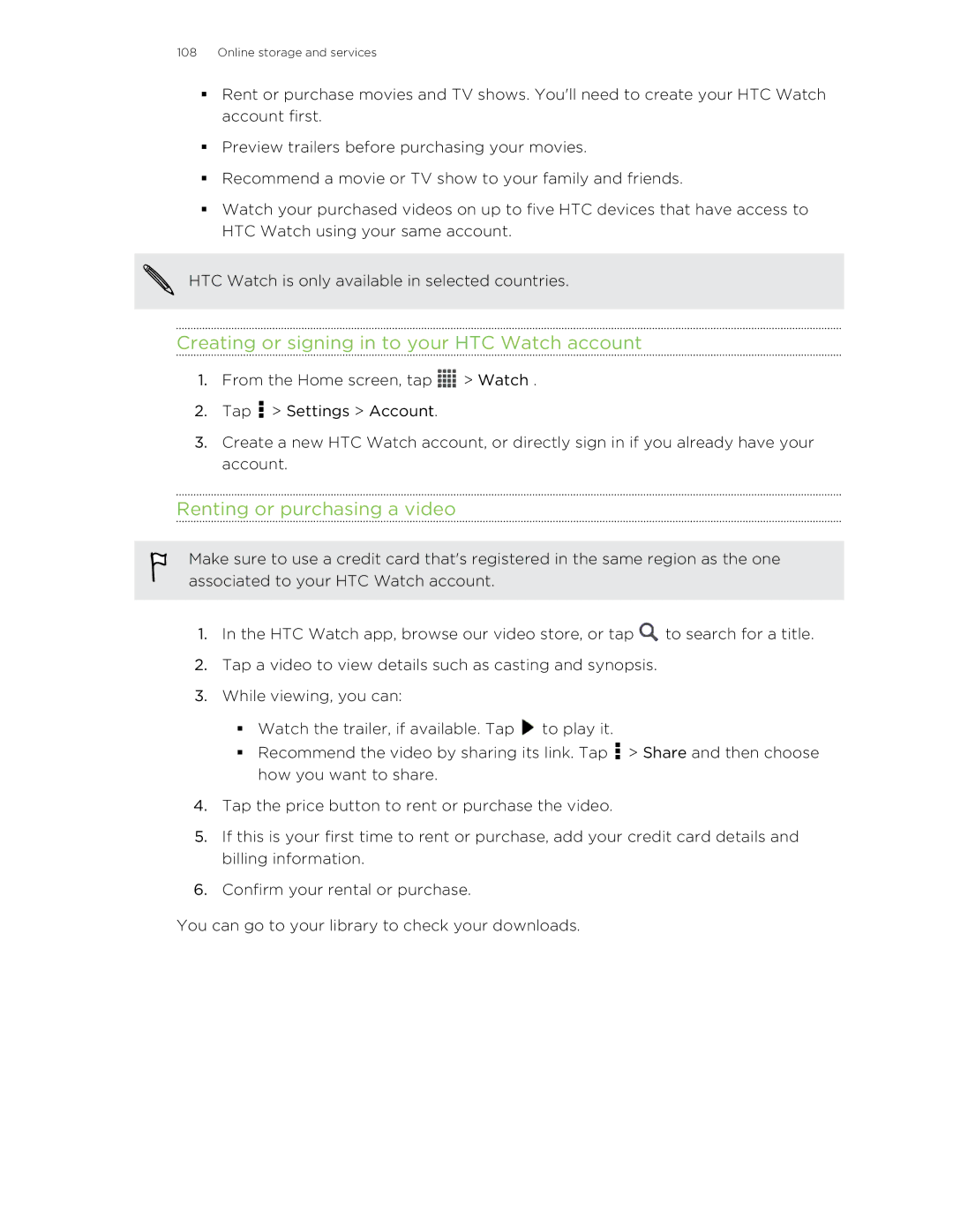 HTC ONESTMB manual Creating or signing in to your HTC Watch account, Renting or purchasing a video 
