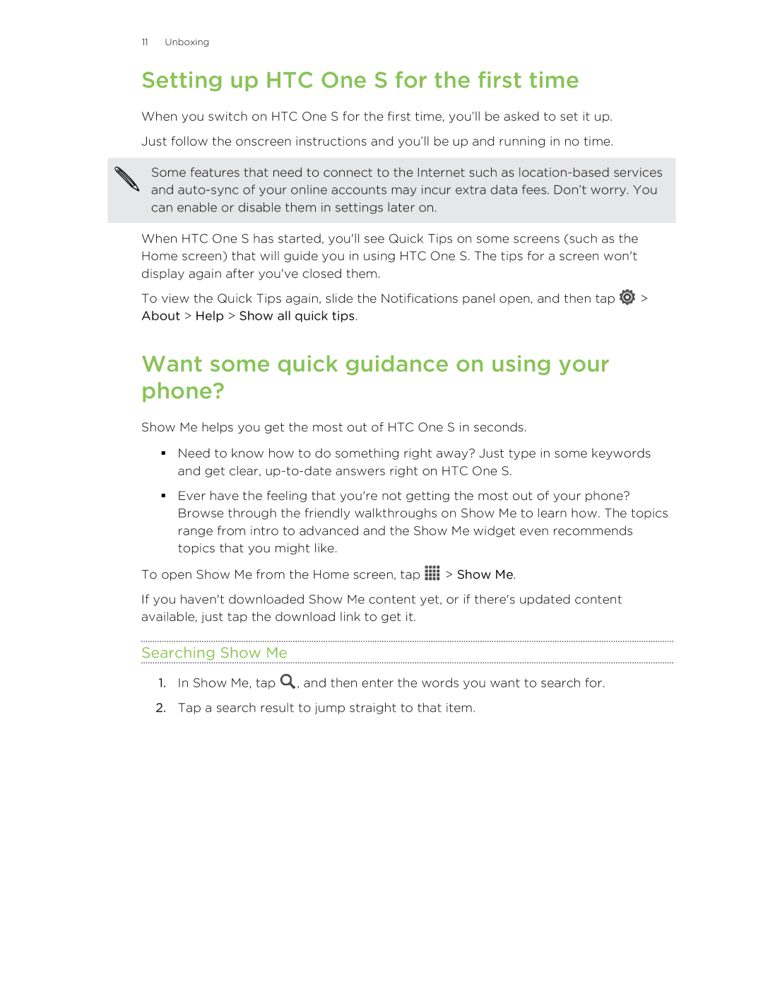 HTC ONESTMB Setting up HTC One S for the first time, Want some quick guidance on using your phone?, Searching Show Me 