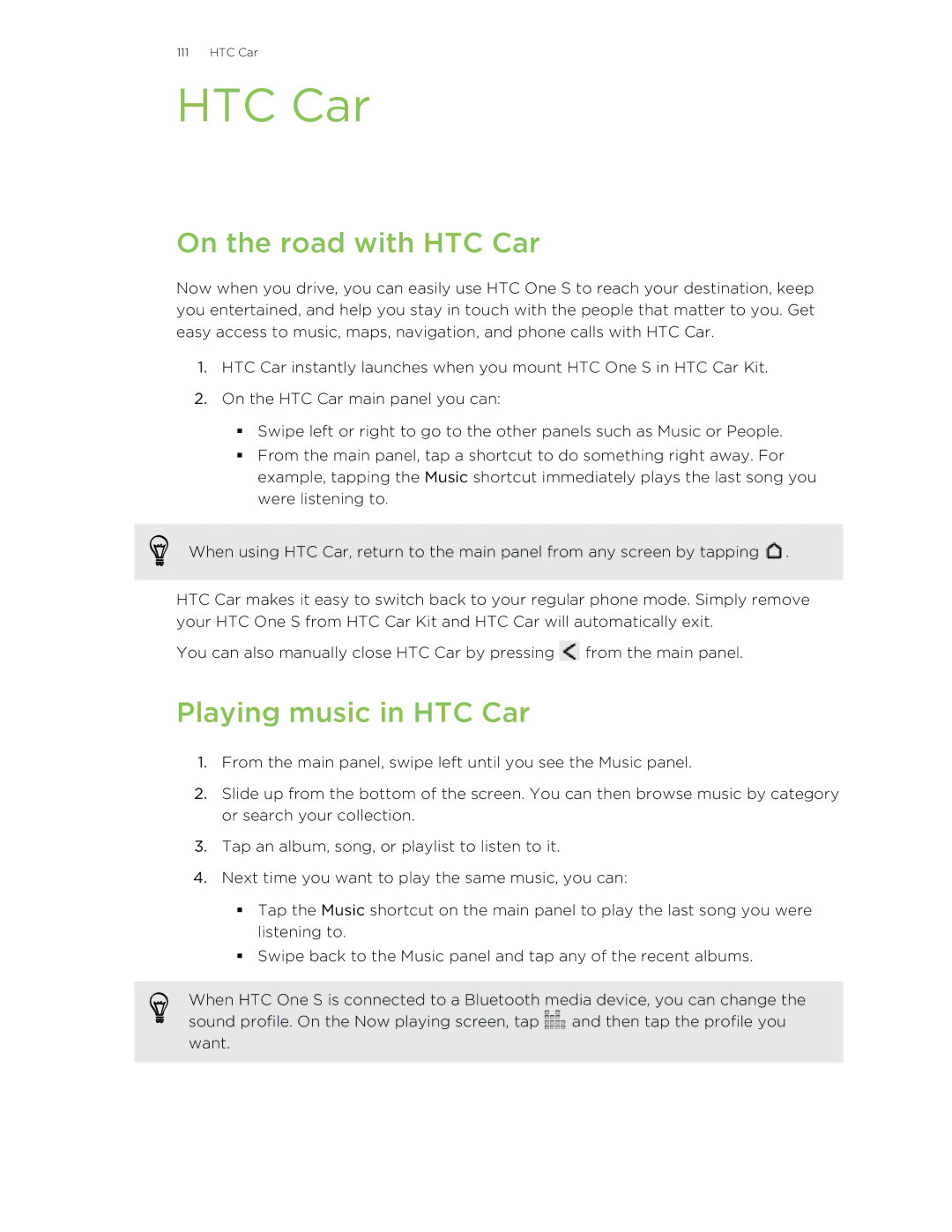 HTC ONESTMB manual On the road with HTC Car, Playing music in HTC Car 