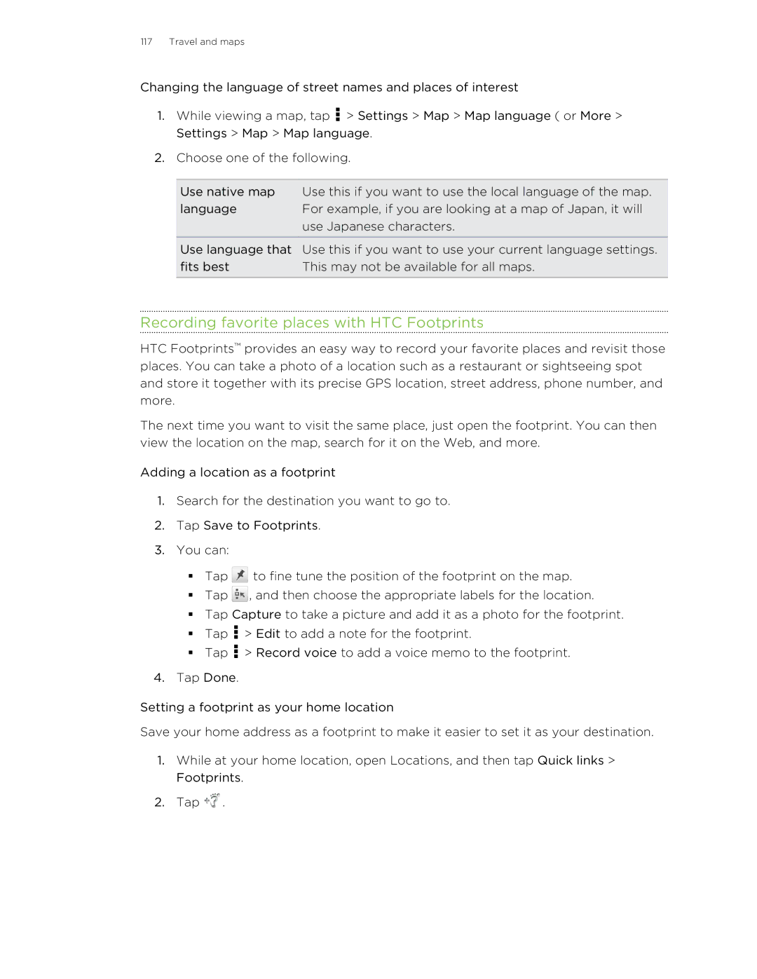 HTC ONESTMB manual Recording favorite places with HTC Footprints 