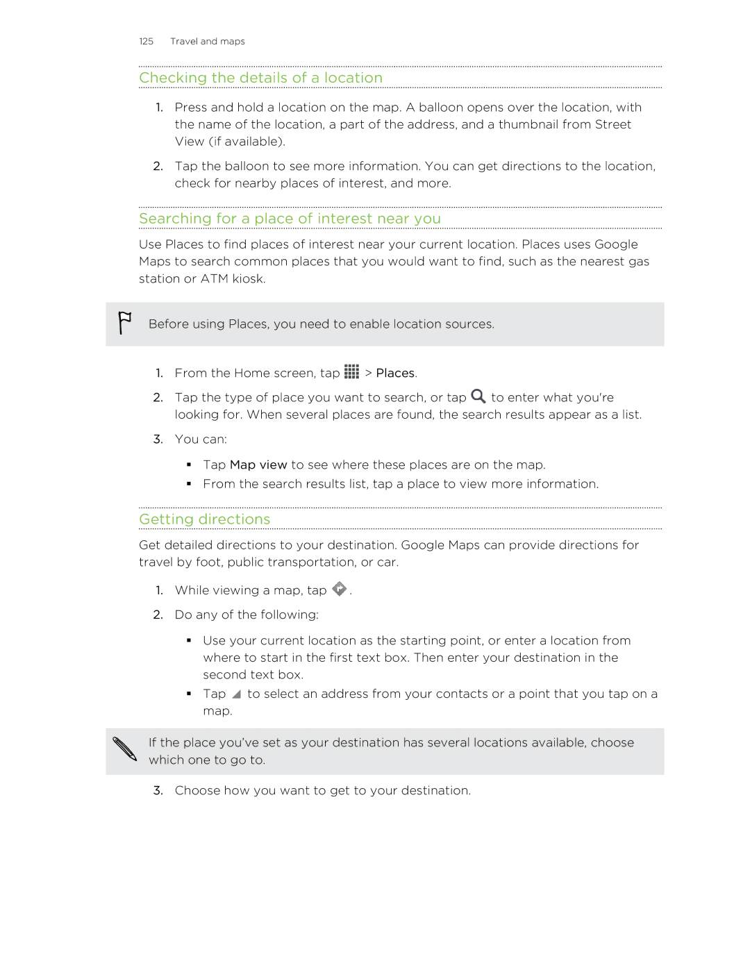 HTC ONESTMB manual Checking the details of a location, Searching for a place of interest near you 