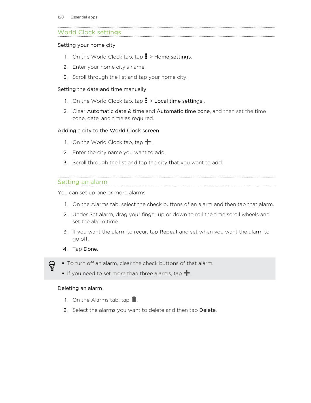 HTC ONESTMB manual World Clock settings, Setting an alarm 