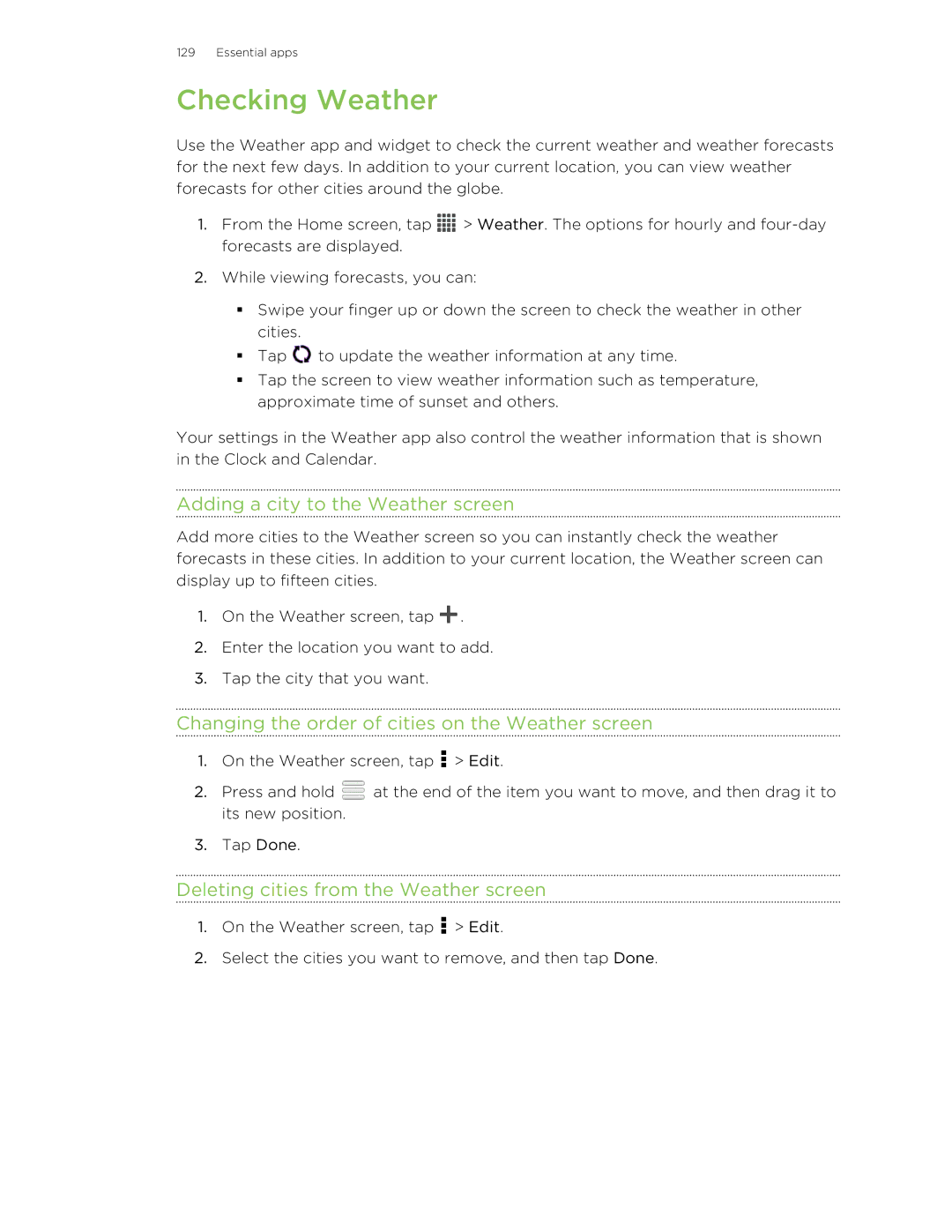 HTC ONESTMB Checking Weather, Adding a city to the Weather screen, Changing the order of cities on the Weather screen 
