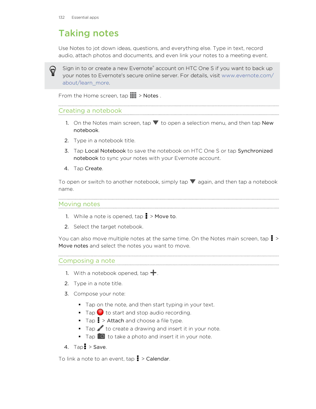 HTC ONESTMB manual Taking notes, Creating a notebook, Moving notes, Composing a note 