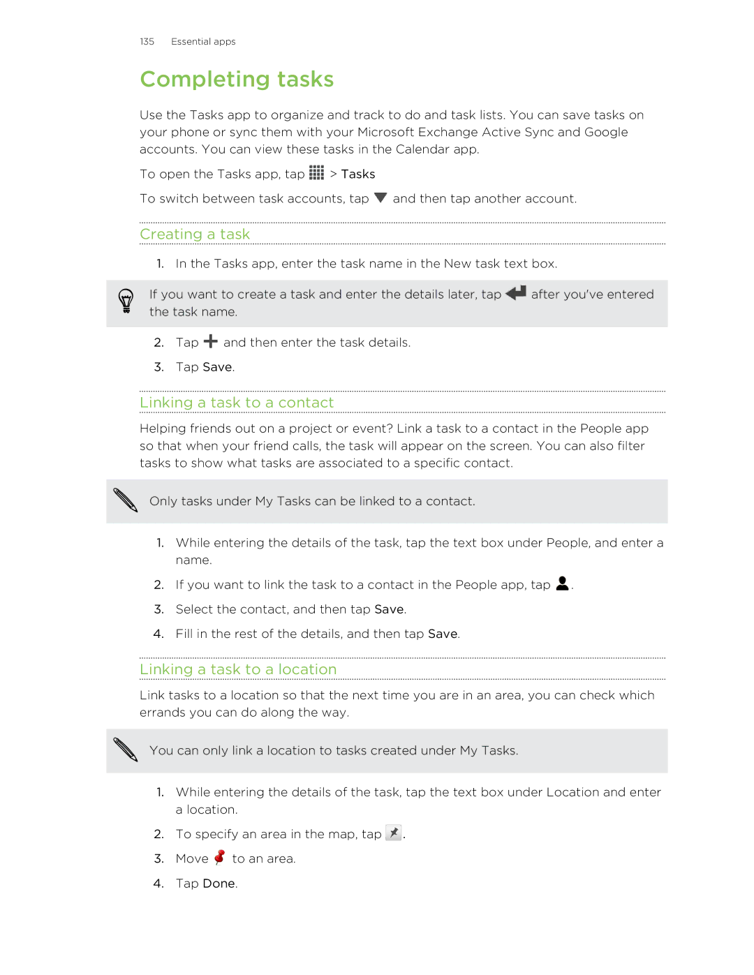 HTC ONESTMB manual Completing tasks, Creating a task, Linking a task to a contact, Linking a task to a location 