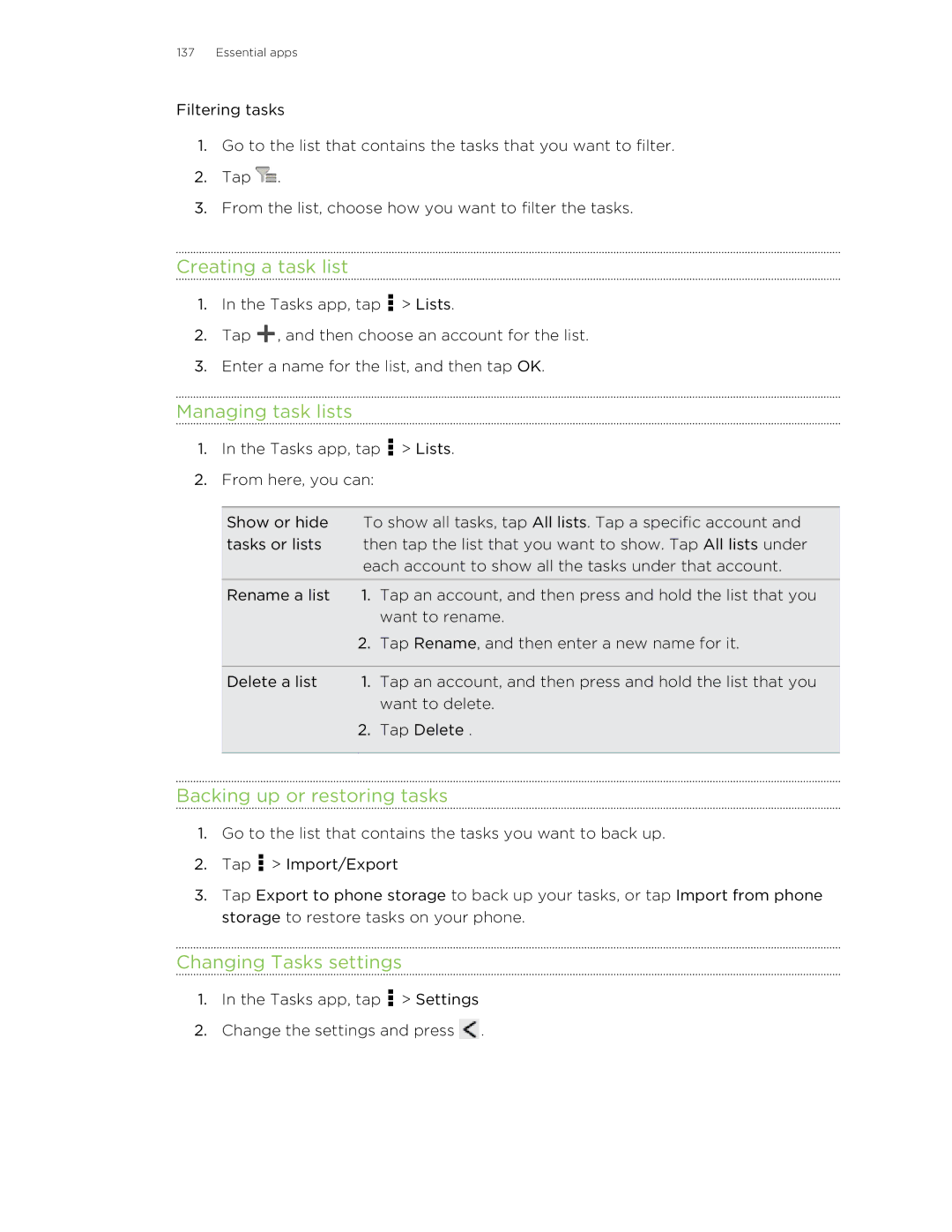 HTC ONESTMB manual Creating a task list, Managing task lists, Backing up or restoring tasks, Changing Tasks settings 