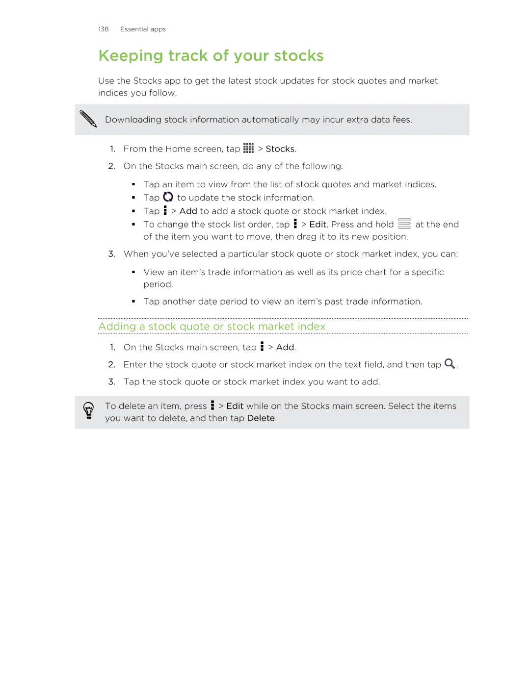 HTC ONESTMB manual Keeping track of your stocks, Adding a stock quote or stock market index 