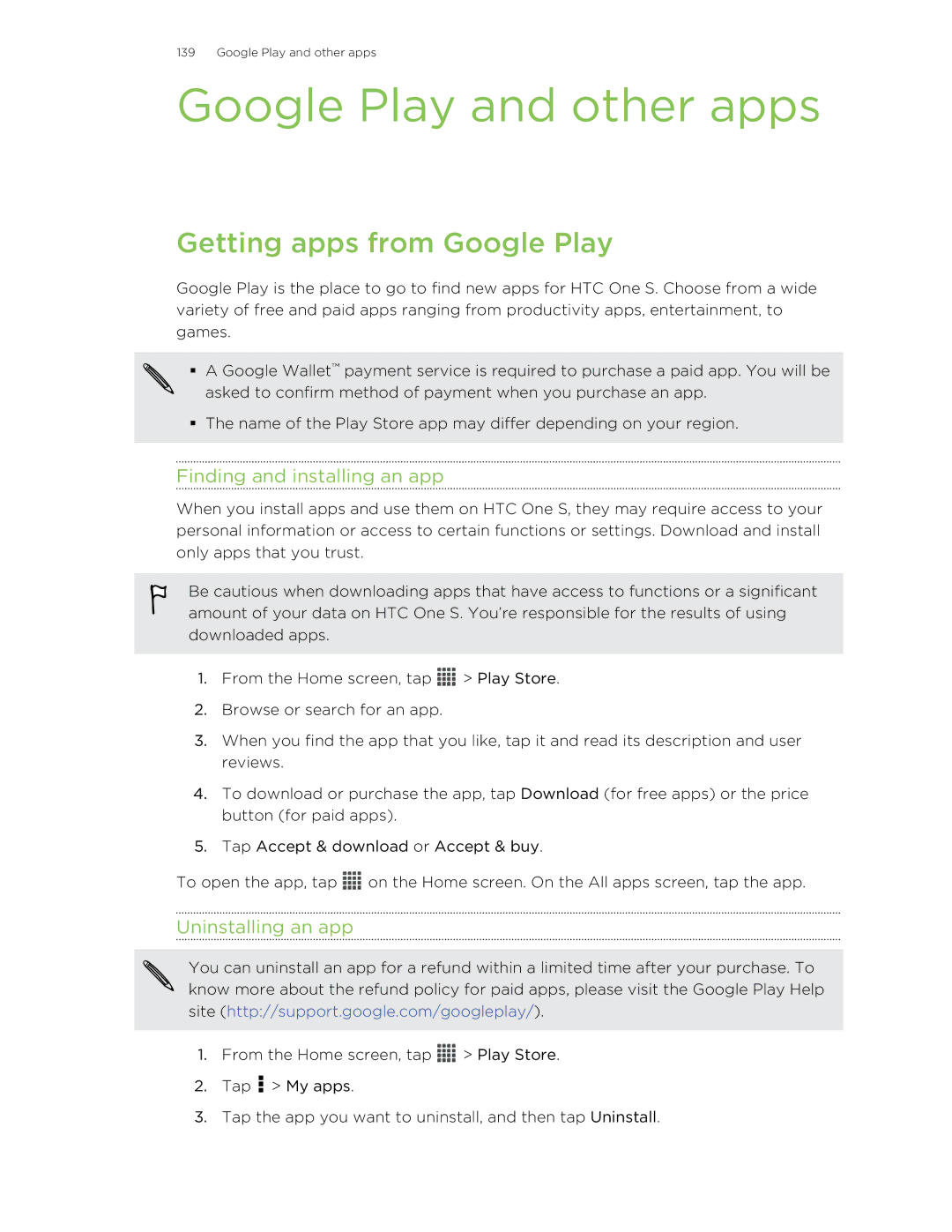 HTC ONESTMB Google Play and other apps, Getting apps from Google Play, Finding and installing an app, Uninstalling an app 