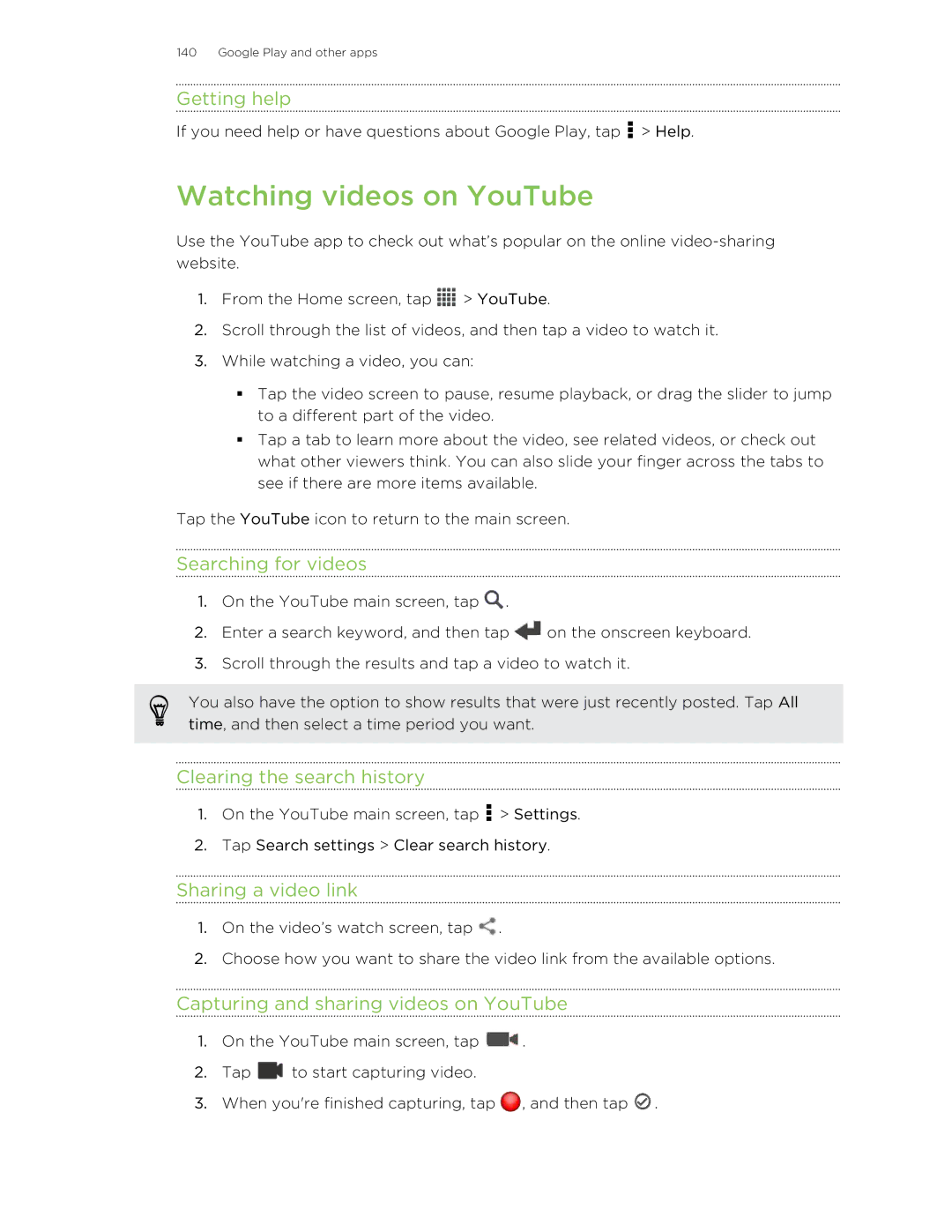 HTC ONESTMB manual Watching videos on YouTube, Searching for videos, Clearing the search history, Sharing a video link 