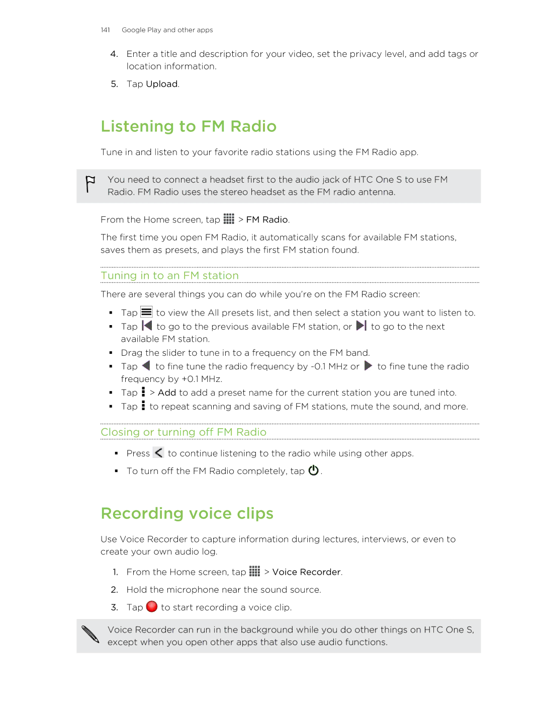 HTC ONESTMB Listening to FM Radio, Recording voice clips, Tuning in to an FM station, Closing or turning off FM Radio 