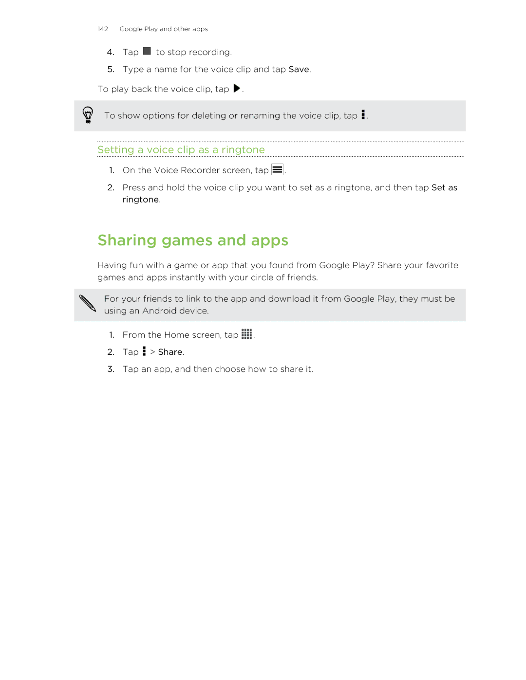 HTC ONESTMB manual Sharing games and apps, Setting a voice clip as a ringtone 