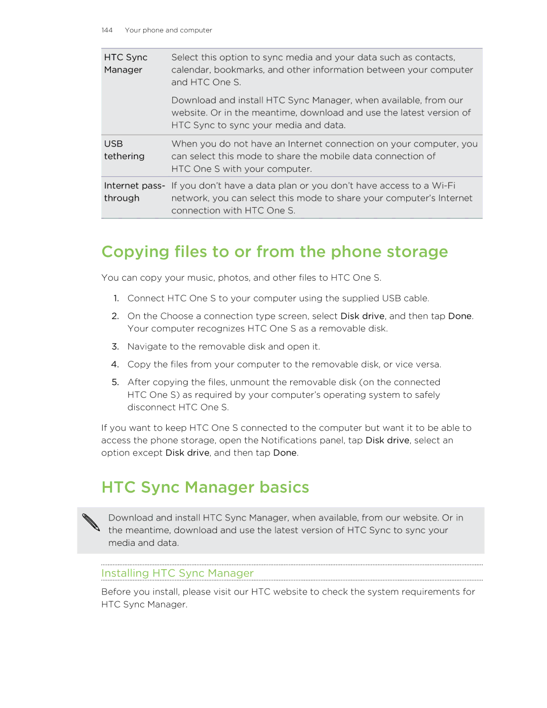 HTC ONESTMB manual Copying files to or from the phone storage, HTC Sync Manager basics, Installing HTC Sync Manager 