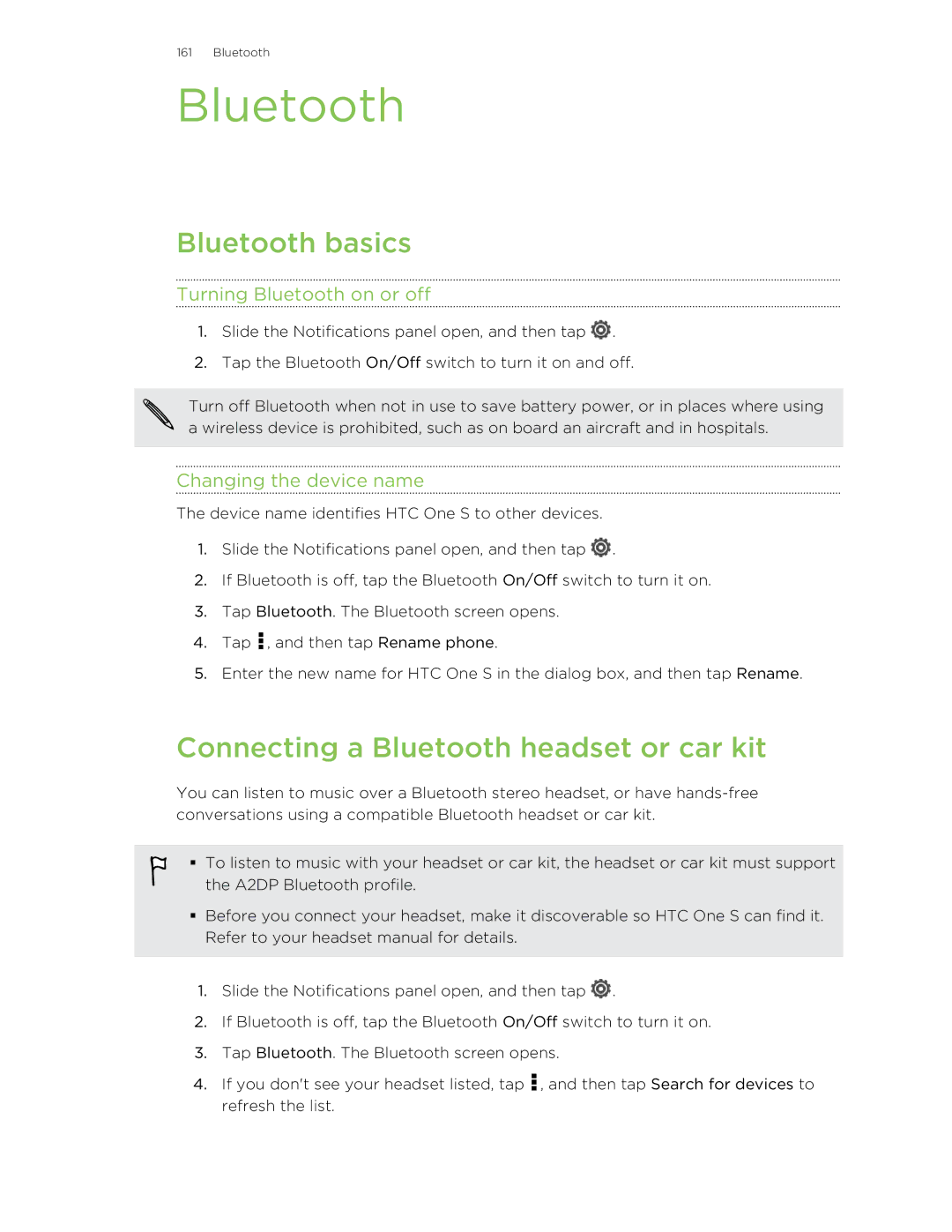 HTC ONESTMB manual Bluetooth basics, Connecting a Bluetooth headset or car kit, Turning Bluetooth on or off 