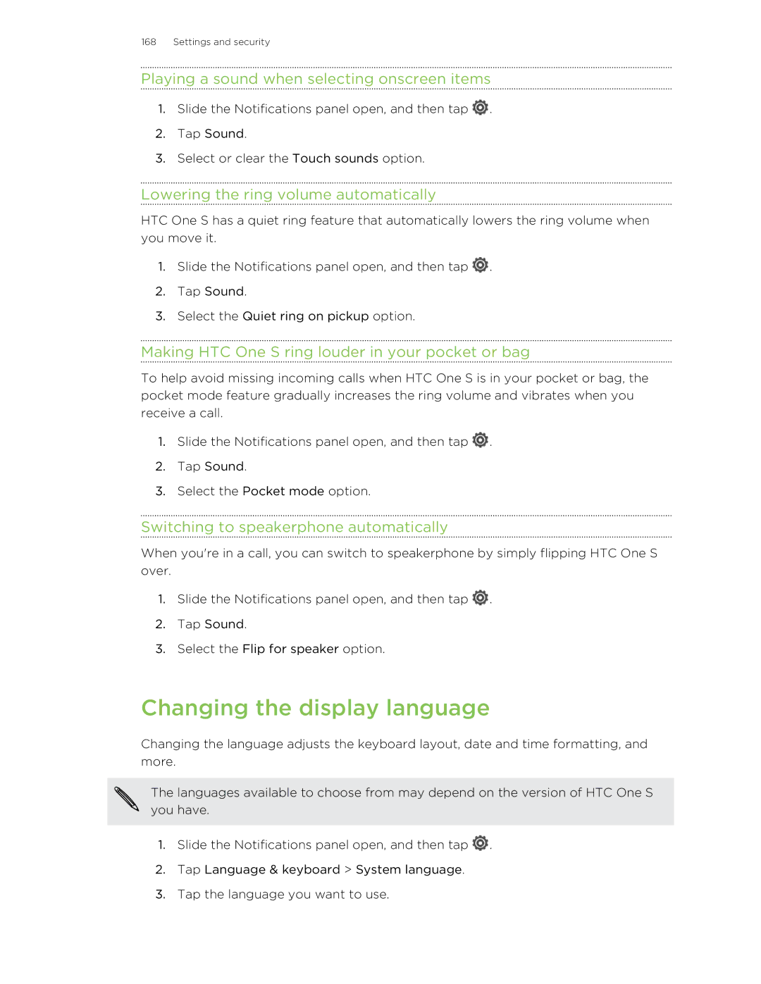 HTC ONESTMB manual Changing the display language, Playing a sound when selecting onscreen items 