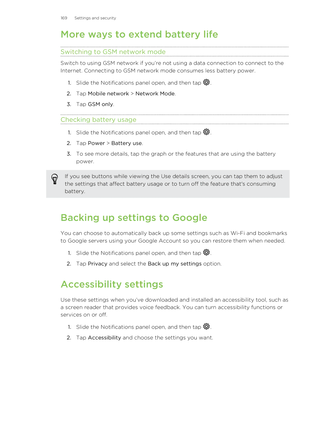 HTC ONESTMB manual More ways to extend battery life, Backing up settings to Google, Accessibility settings 