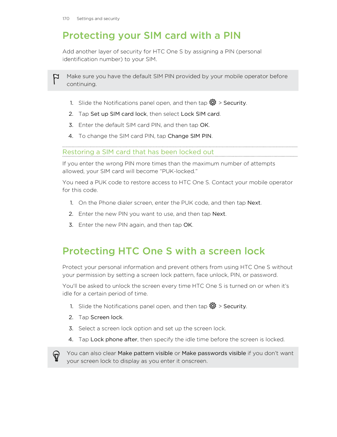 HTC ONESTMB manual Protecting your SIM card with a PIN, Protecting HTC One S with a screen lock 