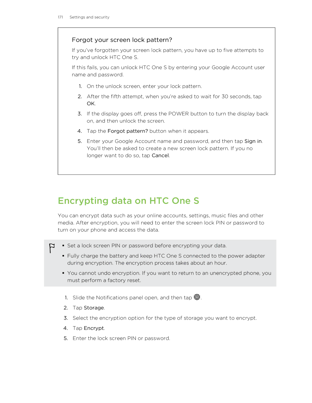 HTC ONESTMB manual Encrypting data on HTC One S, Forgot your screen lock pattern? 