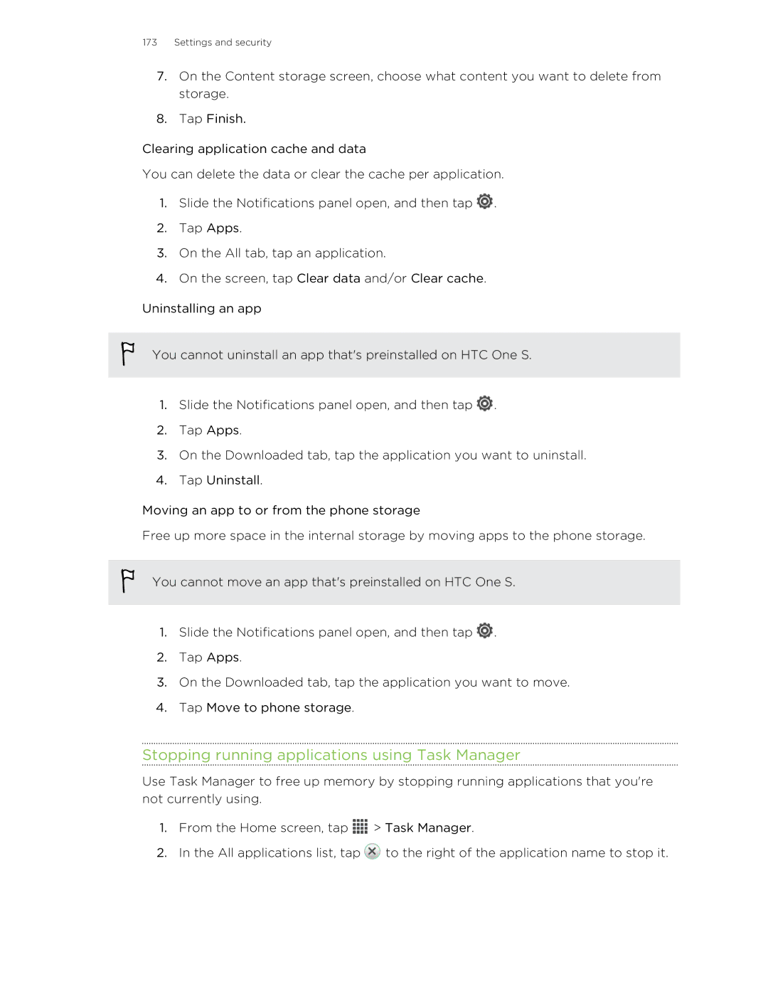 HTC ONESTMB manual Stopping running applications using Task Manager 