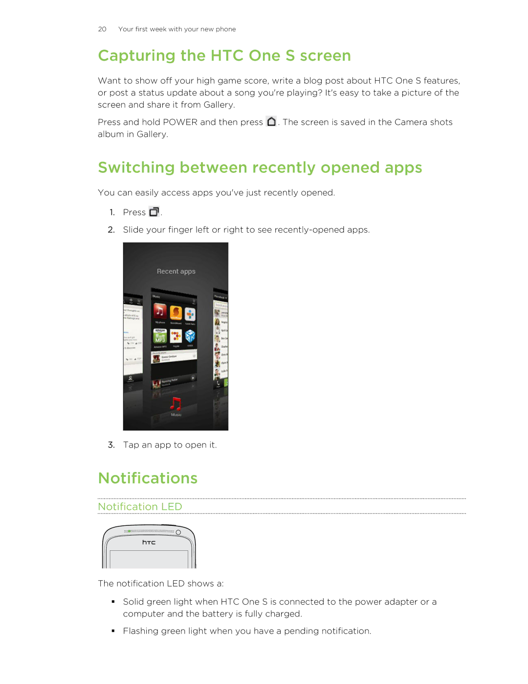 HTC ONESTMB manual Capturing the HTC One S screen, Switching between recently opened apps, Notifications, Notification LED 