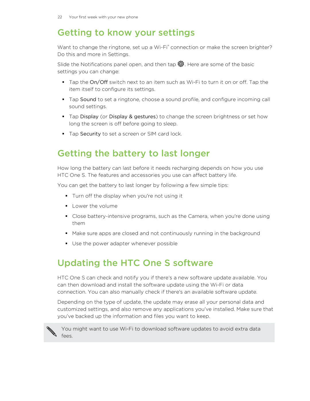 HTC ONESTMB manual Getting to know your settings, Getting the battery to last longer, Updating the HTC One S software 