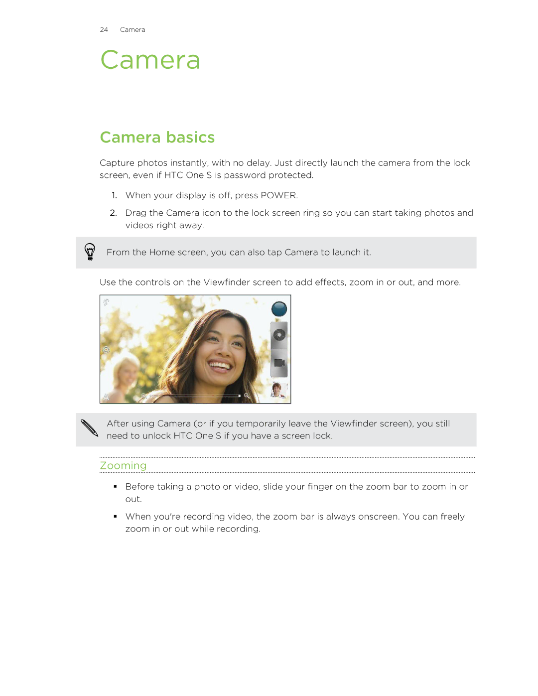 HTC ONESTMB manual Camera basics, Zooming 