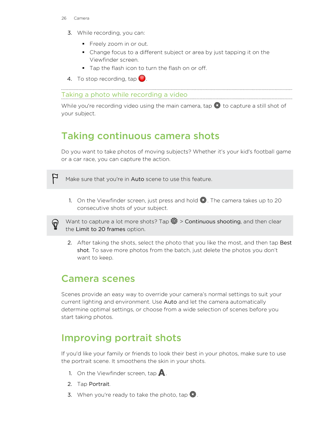 HTC ONESTMB manual Taking continuous camera shots, Camera scenes, Improving portrait shots 